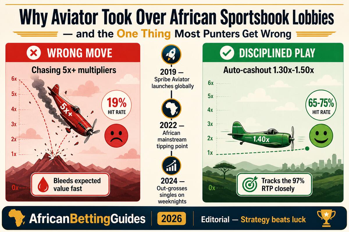 Why Aviator took over African sportsbook lobbies — the one thing most punters get wrong: the wrong move is chasing 5x or higher multipliers (only 19% hit rate, bleeds expected value fast); the disciplined play is auto-cashout between 1.30x and 1.50x (65 to 75% hit rate, tracks the published 97% RTP closely). Adoption timeline: 2019 Spribe Aviator launches globally, 2022 African mainstream tipping point, 2024 Aviator out-grosses single sports events on weeknights