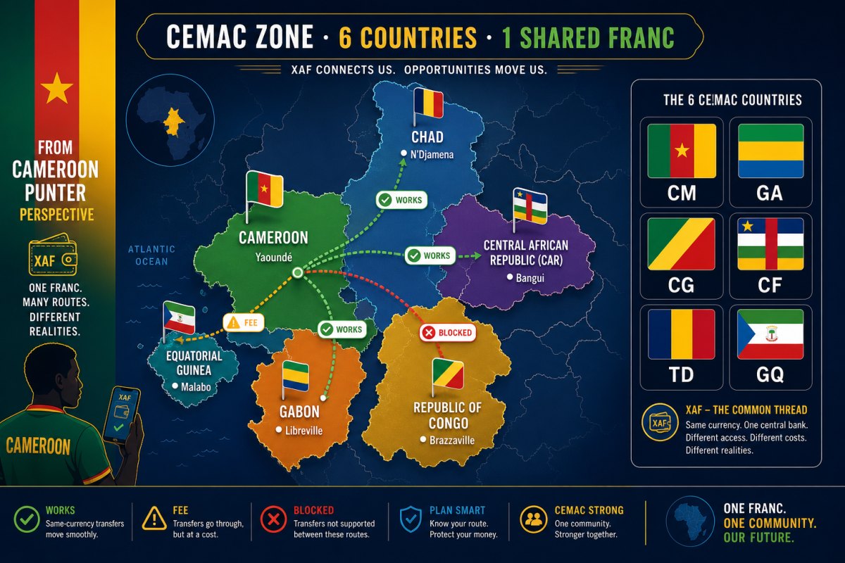 CEMAC Central African Economic Community zone map showing Cameroon Gabon Republic of Congo Central African Republic Chad and Equatorial Guinea connected by XAF currency routes with WORKS FEE BLOCKED status labels and 6 country flag grid