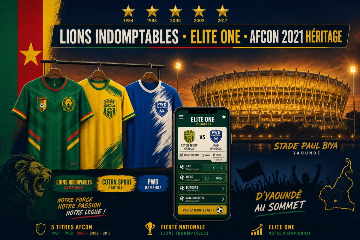 Cameroon football betting scene with Lions Indomptables national team jersey alongside Coton Sport Garoua and PWD Bamenda Elite One jerseys plus Stade Paul Biya Yaoundé silhouette and five gold stars representing AFCON titles 1984 1988 2000 2002 2017