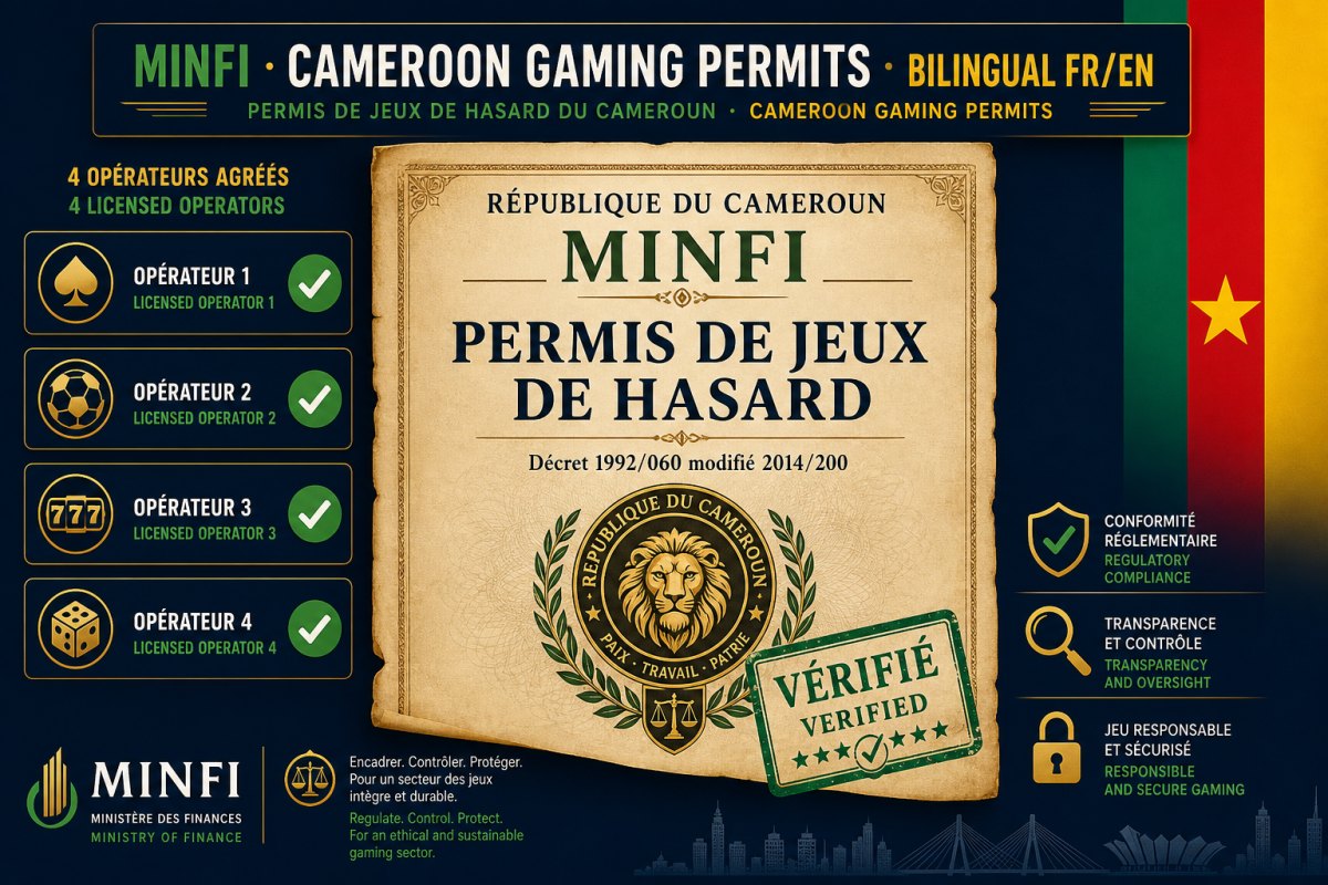 Cameroon MINFI Ministère des Finances gaming permit certificate visualisation under Décret 1992/060 modified by 2014/200 with bilingual French English Vérifié Verified stamp and lion seal of the Republic of Cameroon