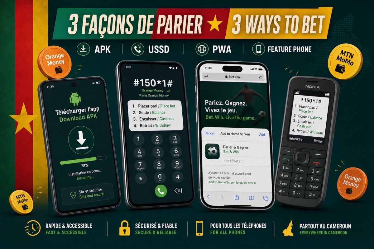 Cameroon bilingual mobile betting install paths showing Android APK download screen USSD dialler with hash 150 star 1 hash menu PWA Add to Home Screen prompt and Nokia feature phone alongside Orange Money and MTN MoMo wallet chips in bilingual French English UI