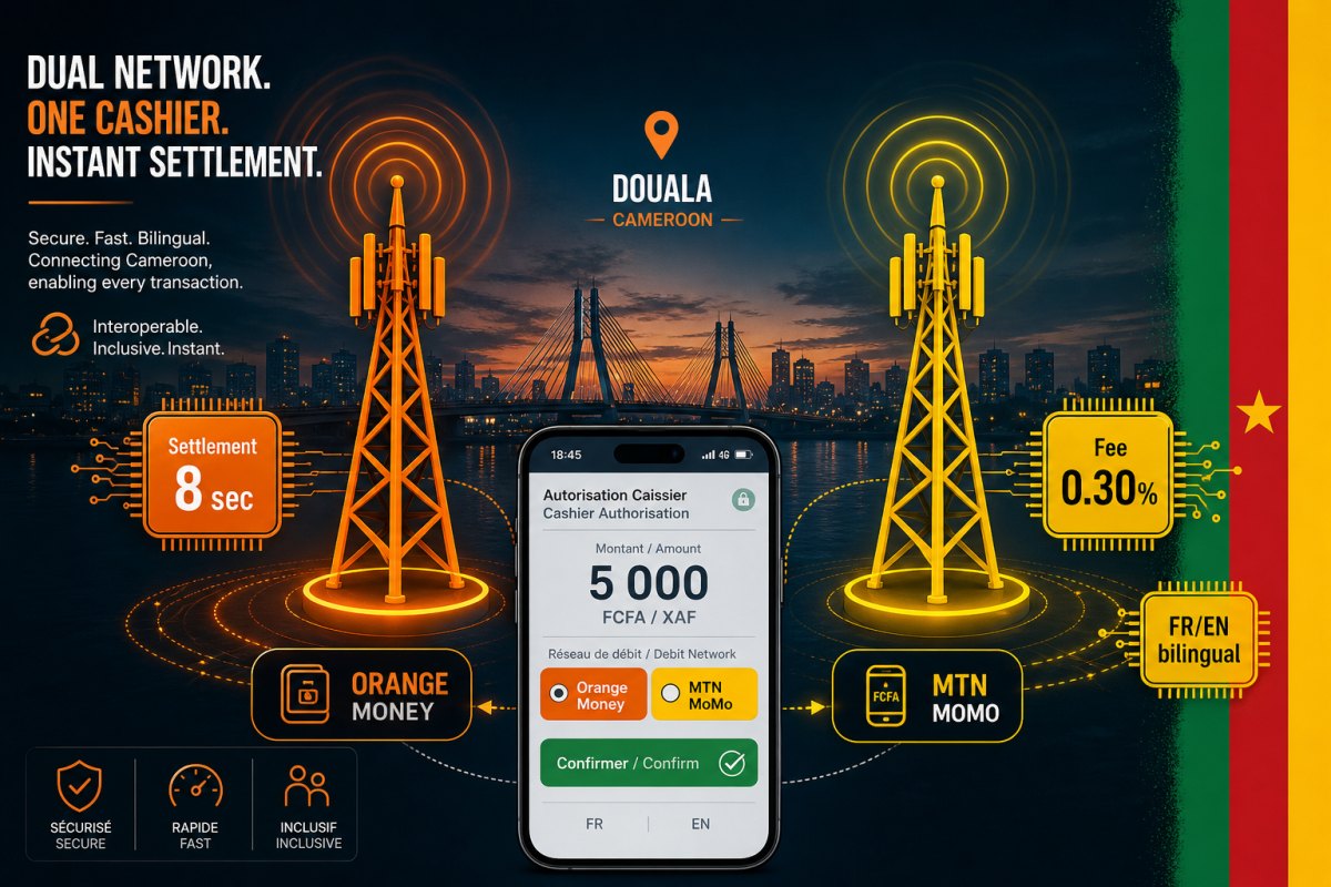 Cameroon dual-network mobile money settlement visualisation with Orange Money orange tower and MTN MoMo yellow tower beside a smartphone showing 5000 FCFA XAF authorisation in bilingual French English UI and Douala bridge skyline at dusk