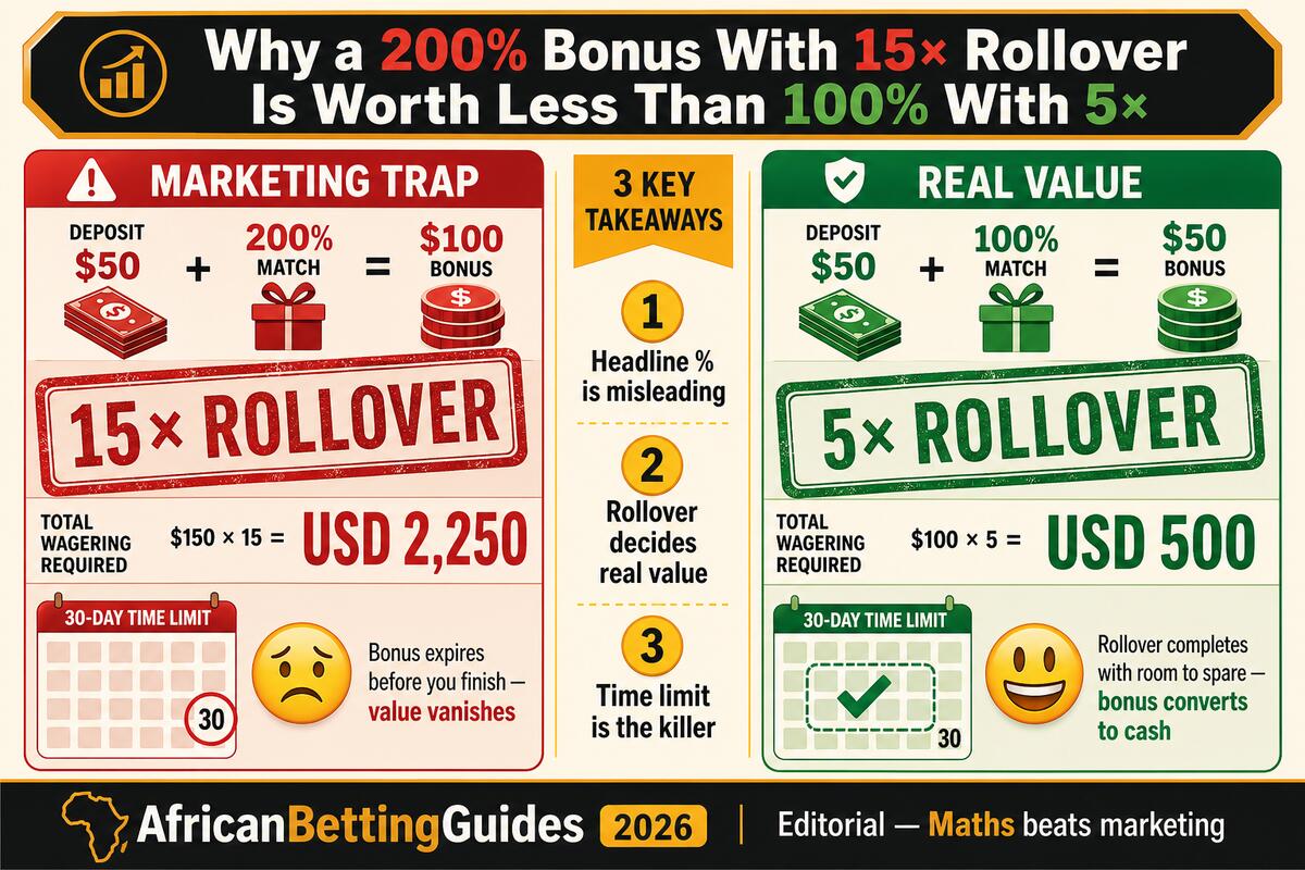 Why a 200% bonus with 15-times rollover is worth less than a 100% bonus with 5-times — left side marketing trap shows $50 deposit plus 200% match equals $100 bonus, total wagering required $2,250 over 30-day time limit (bonus expires before you finish, value vanishes); right side real value shows $50 deposit plus 100% match equals $50 bonus, total wagering $500 over 30-day window (rollover completes with room to spare, bonus converts to cash). Three takeaways: headline percentage is misleading, rollover decides real value, time limit is the killer