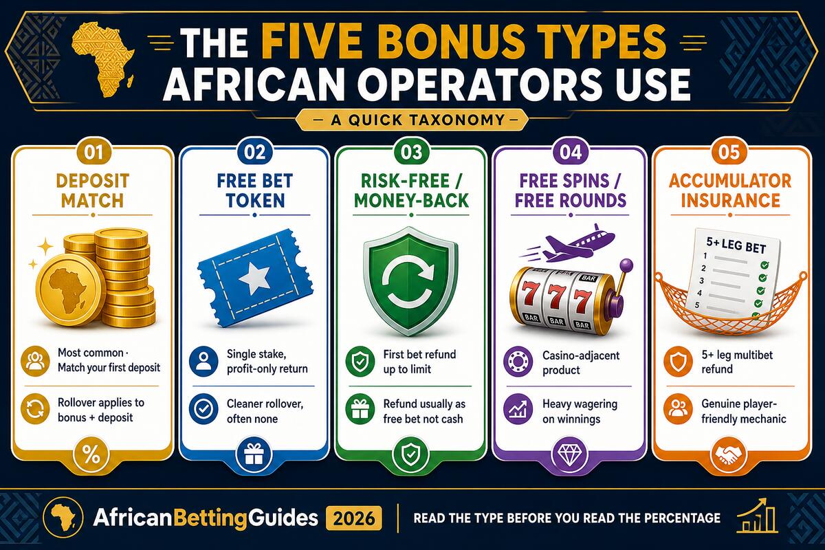 The five bonus types African operators use — quick taxonomy: 1) Deposit Match (most common, match your first deposit, rollover applies to bonus plus deposit), 2) Free Bet Token (single stake profit-only return, cleaner rollover often none), 3) Risk-Free Money-Back (first bet refund up to limit, refund usually as free bet not cash), 4) Free Spins or Free Rounds (casino-adjacent product, heavy wagering on winnings), 5) Accumulator Insurance (5-plus leg multibet refund, genuine player-friendly mechanic)