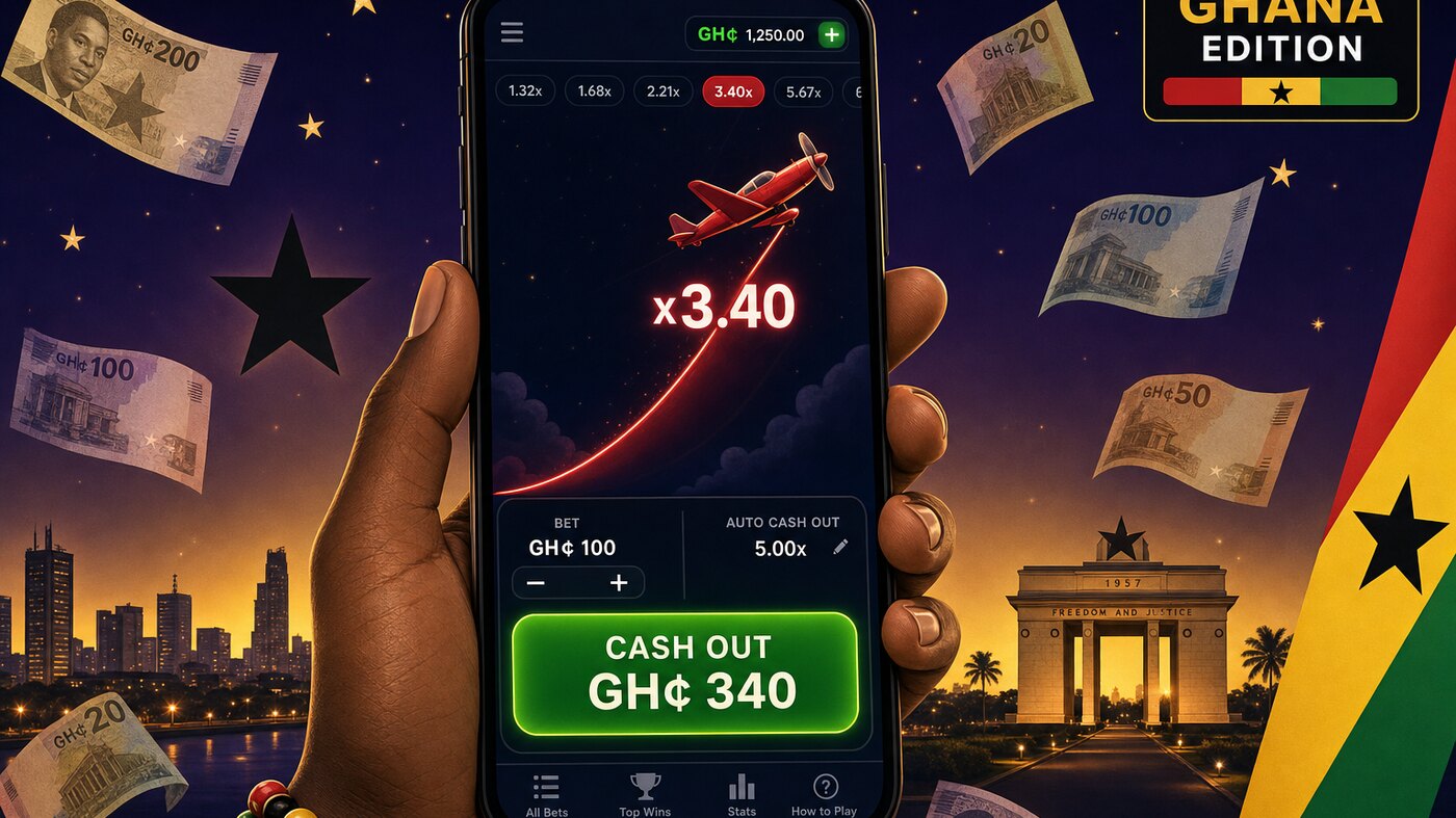 Aviator crash game on a smartphone in Ghana — red plane multiplier x3.40 with GH₵ 340 cash-out button and Accra skyline at night plus Ghana flag accent