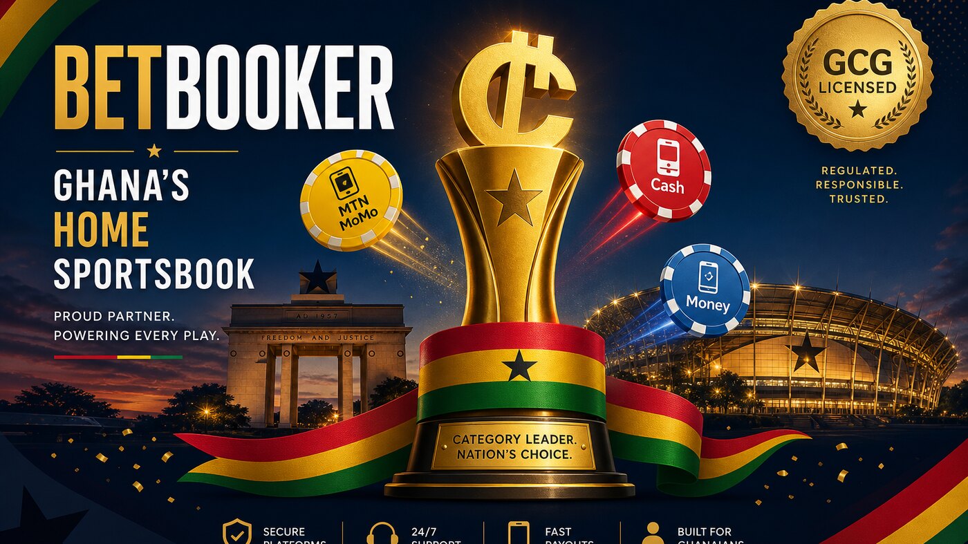 BetBooker Ghana spotlight cedi trophy with GCG licensed seal and Ghana flag ribbon
