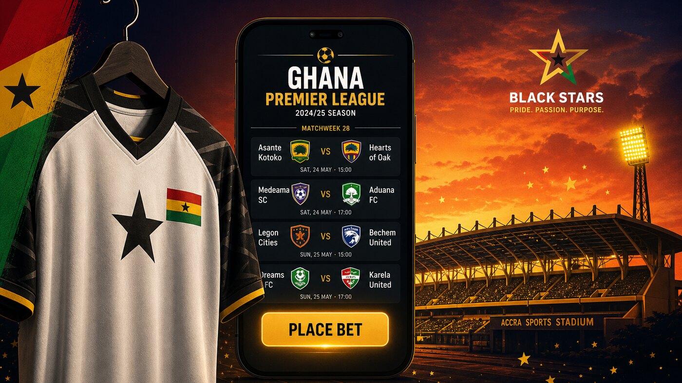 Ghana Premier League and Black Stars football betting scene — Black Stars jersey beside Accra Sports Stadium at sunset with smartphone showing GPL fixture list and Place Bet button
