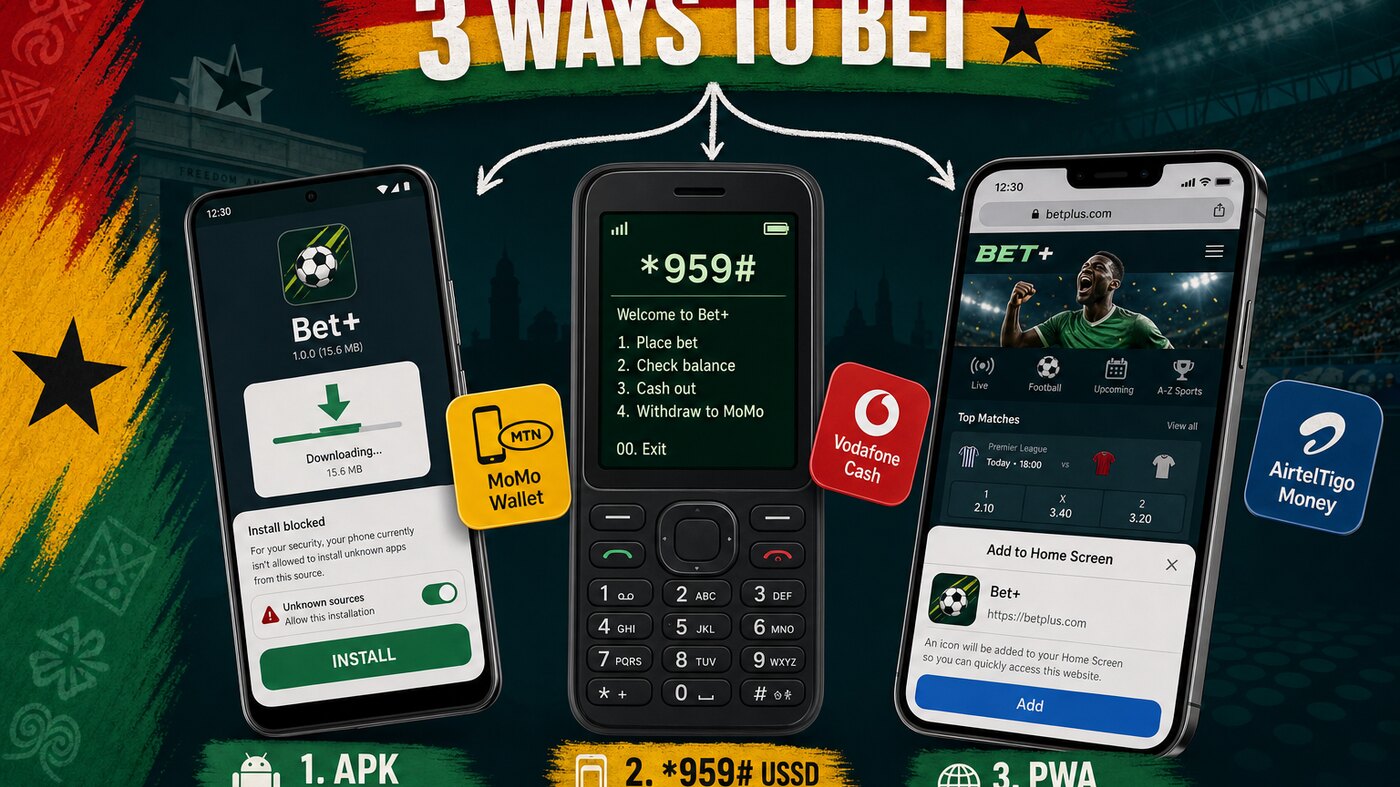 Ghana mobile betting install paths — Android APK install screen, *959# USSD dialler menu and PWA Add to Home Screen with MTN MoMo, Vodafone Cash and AirtelTigo wallet chips