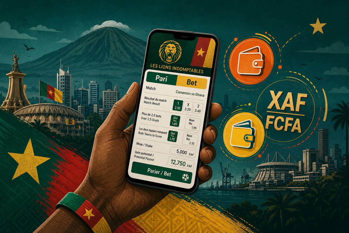 Yaoundé skyline at dusk with a smartphone showing a bilingual French and English bet slip and Cameroon flag colour accents (vertical green red yellow with star)