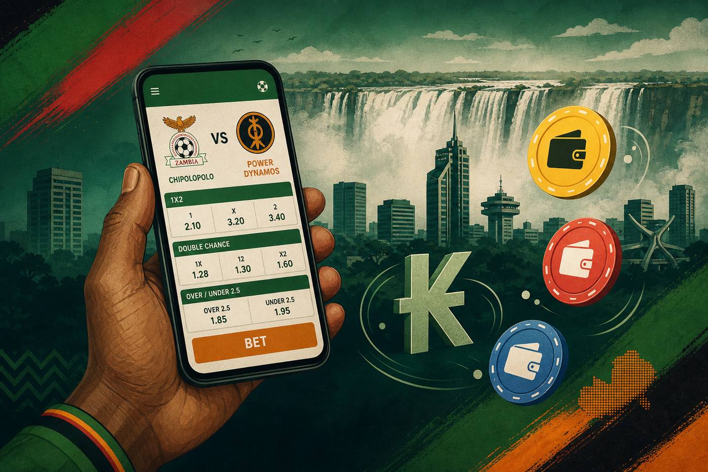 Lusaka skyline at dusk with a smartphone showing a Kwacha bet slip and Zambia flag colour accents (green field with red, black and orange stripes plus eagle emblem)
