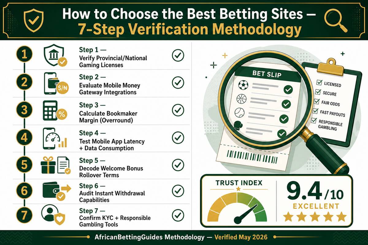 How to choose a safe betting site in Africa — 7-step verification methodology: 1) Verify provincial or national gaming licenses, 2) Evaluate mobile money gateway integrations, 3) Calculate bookmaker margin or overround, 4) Test mobile app latency and data consumption, 5) Decode welcome bonus rollover terms, 6) Audit instant withdrawal capabilities, 7) Confirm KYC and responsible gambling tools — with AfricanBettingGuides Trust Index gauge reading 9.4 out of 10