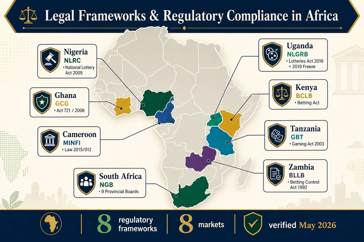 Legal frameworks and regulatory compliance across eight African sports betting markets — continental map highlighting Kenya BCLB under the Betting Act, Nigeria NLRC under the National Lottery Act 2005, South Africa NGB plus nine Provincial Boards, Ghana GCG under Act 721 of 2006, Tanzania GBT under Gaming Act 2003, Uganda NLGRB under Lotteries Act 2016 plus 2019 freeze, Zambia BLLB under Betting Control Act 1992 and Cameroon MINFI under Law 2015/012