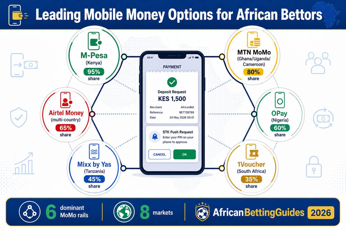 Leading mobile money options for African bettors — ecosystem diagram showing six dominant rails serving eight markets: M-Pesa with 95 percent share in Kenya, MTN MoMo in Ghana, Uganda and Cameroon, Airtel Money across multiple countries, OPay in Nigeria, Mixx by Yas in Tanzania and 1Voucher in South Africa, all connected to a central STK push deposit prompt for KES 1,500
