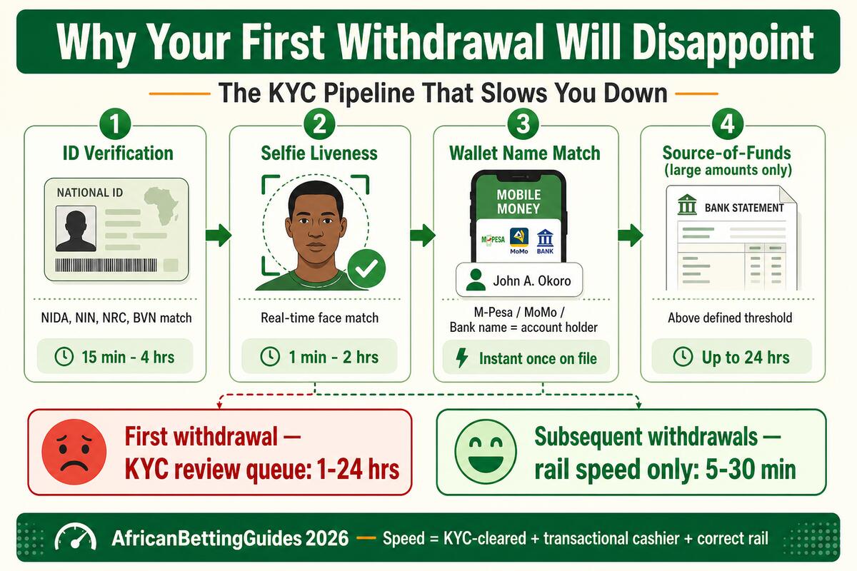 Why your first withdrawal will disappoint — the KYC pipeline that slows you down: Step 1 ID Verification (NIDA, NIN, NRC, BVN match — 15 minutes to 4 hours), Step 2 Selfie Liveness (real-time face match — 1 minute to 2 hours), Step 3 Wallet Name Match (M-Pesa, MoMo or bank name equals account holder — instant once on file), Step 4 Source of Funds for large amounts only (above defined threshold — up to 24 hours). First withdrawal queues 1 to 24 hours; subsequent withdrawals run rail-speed only at 5 to 30 minutes