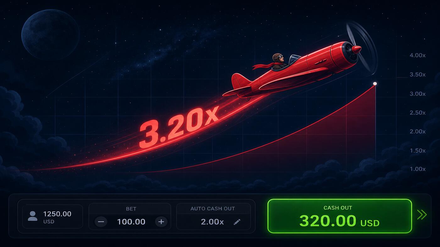 Aviator crash game scene — red plane ascending with a 3.20x multiplier and a green cash-out button