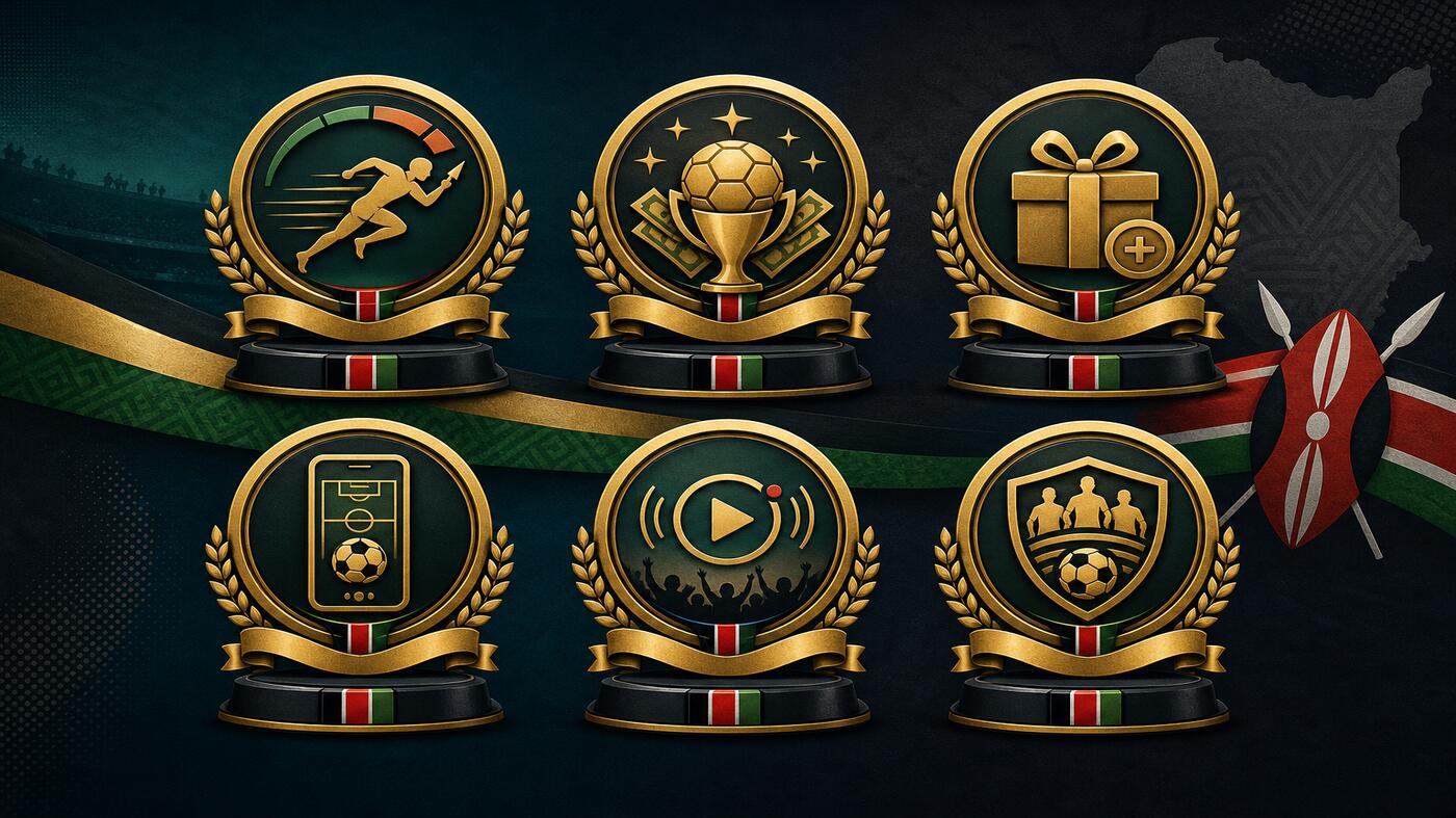 Best Kenyan sportsbook awards 2026 — six gold medals on Kenya-flag ribbons representing fastest payout, biggest jackpot, best mobile app, top live stream and deepest KPL coverage