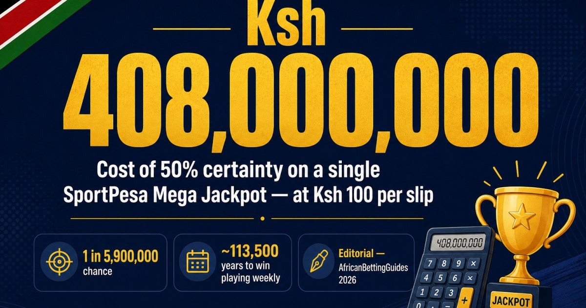 Ksh 408,000,000 — the editorial cost of 50% certainty on a single SportPesa Mega Jackpot at Ksh 100 per slip, with 1 in 5.9M slip-hit probability and ~113,500 years expected wait at one slip per week, per AfricanBettingGuides 2026 model