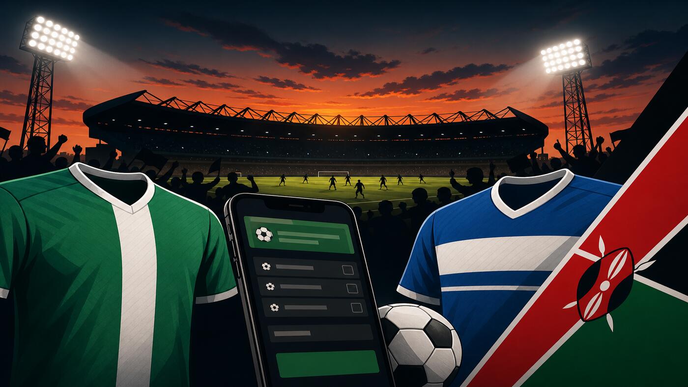 Kenya Premier League betting scene — stadium under floodlights with Mashemeji Derby team-colour jerseys and a smartphone bet slip