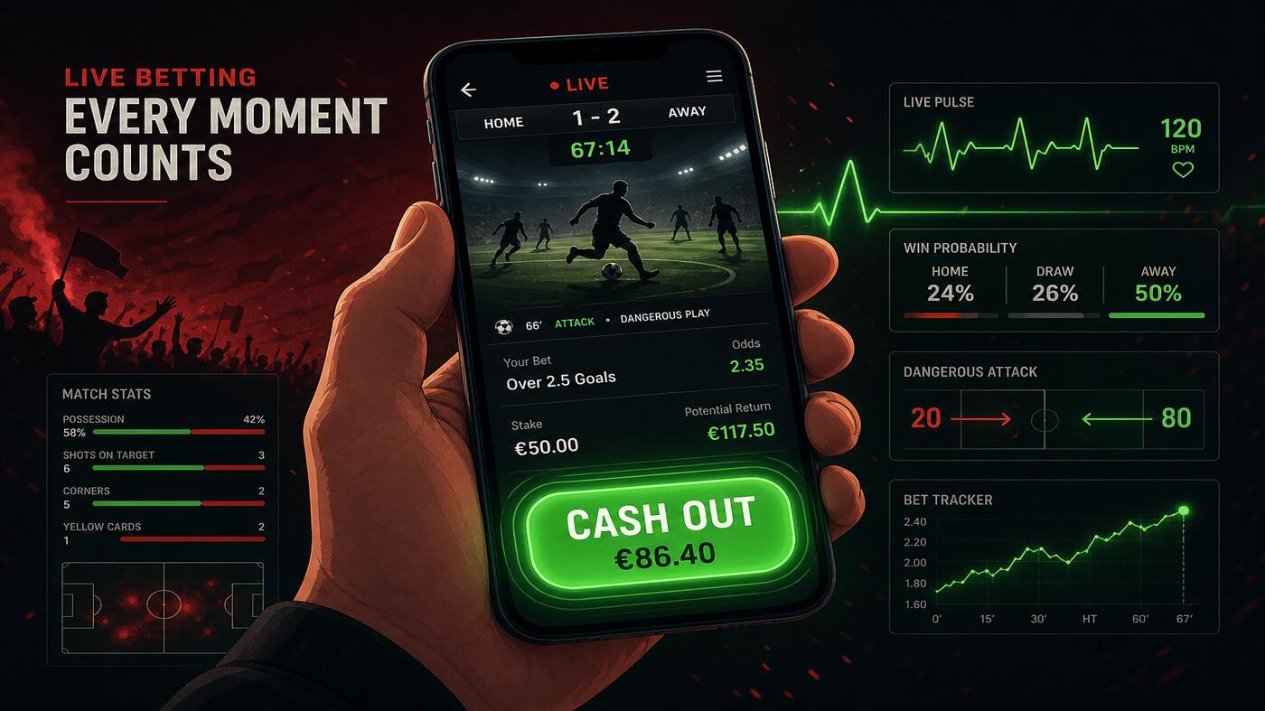 Live betting cashout moment — smartphone showing in-play match at 67:14 with a glowing green CASH OUT button