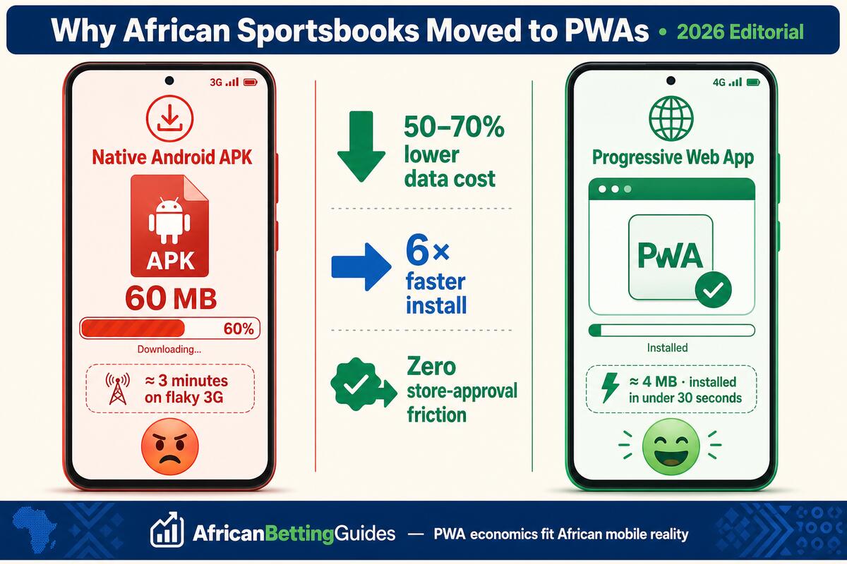 Why African sportsbooks moved to PWAs — side-by-side comparison of native Android APK (60 MB, 3 minutes on flaky 3G) versus Progressive Web App (4 MB, installed in under 30 seconds), with three key advantages: 50-70% lower data cost, 6 times faster install and zero store-approval friction