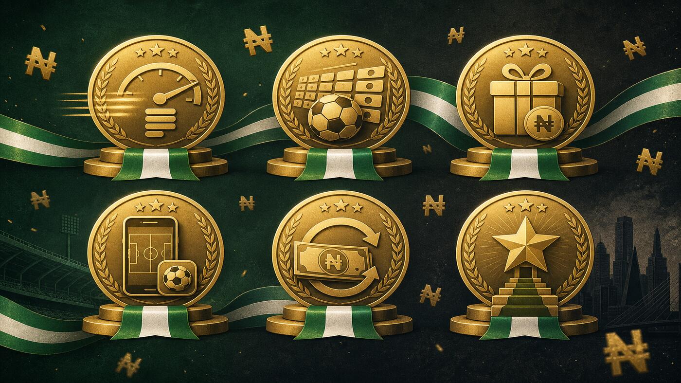 Best Nigerian sportsbook awards 2026 — six gold medals on green-white-green ribbons representing speed, multibet depth, welcome bonus, mobile app, low rollover and live coverage
