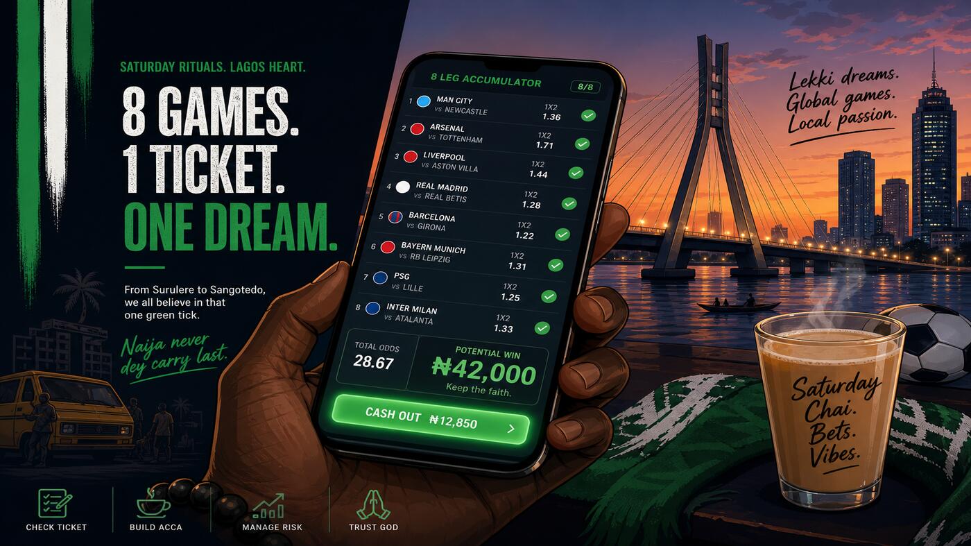 Lagos Saturday afternoon ritual — hand holding a smartphone showing an 8-leg EPL accumulator bet slip with a Lekki bridge sunset background