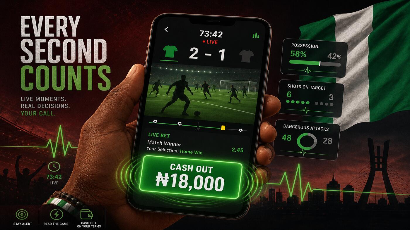 Nigerian live in-play betting cashout moment — smartphone showing match at 73:42 with score 2-1 and a glowing green CASH OUT ₦18,000 button