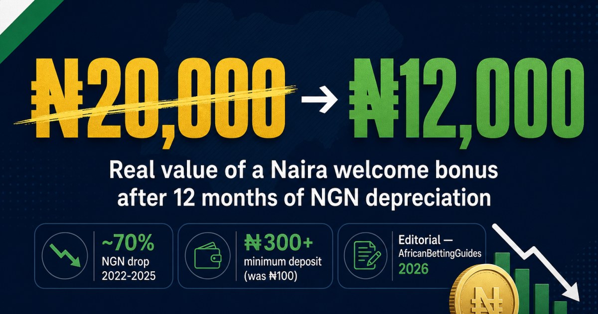 ₦20,000 welcome bonus loses real value to ₦12,000 after 12 months of Naira depreciation — editorial stat showing ~70% NGN drop 2022-2025 and ₦300+ minimum deposit (was ₦100), per AfricanBettingGuides 2026 model