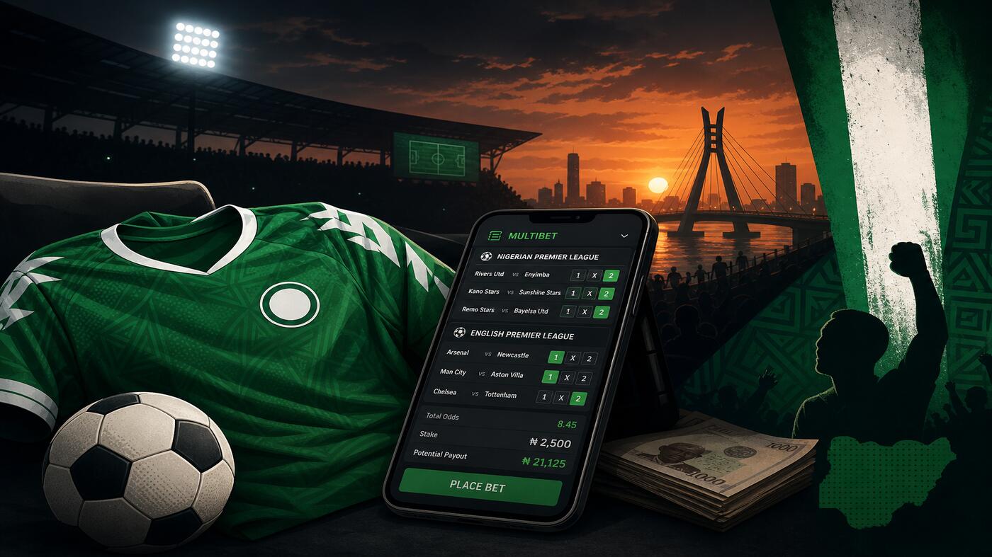 Nigerian football betting scene — Super Eagles jersey beside a smartphone showing a multibet of NPFL plus EPL fixtures with a Lagos skyline background
