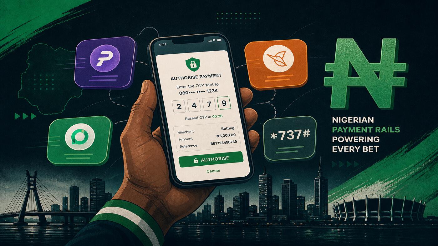 Nigerian payment rails for betting — smartphone OTP authorisation flow surrounded by Paystack, Flutterwave, OPay and USSD code chips