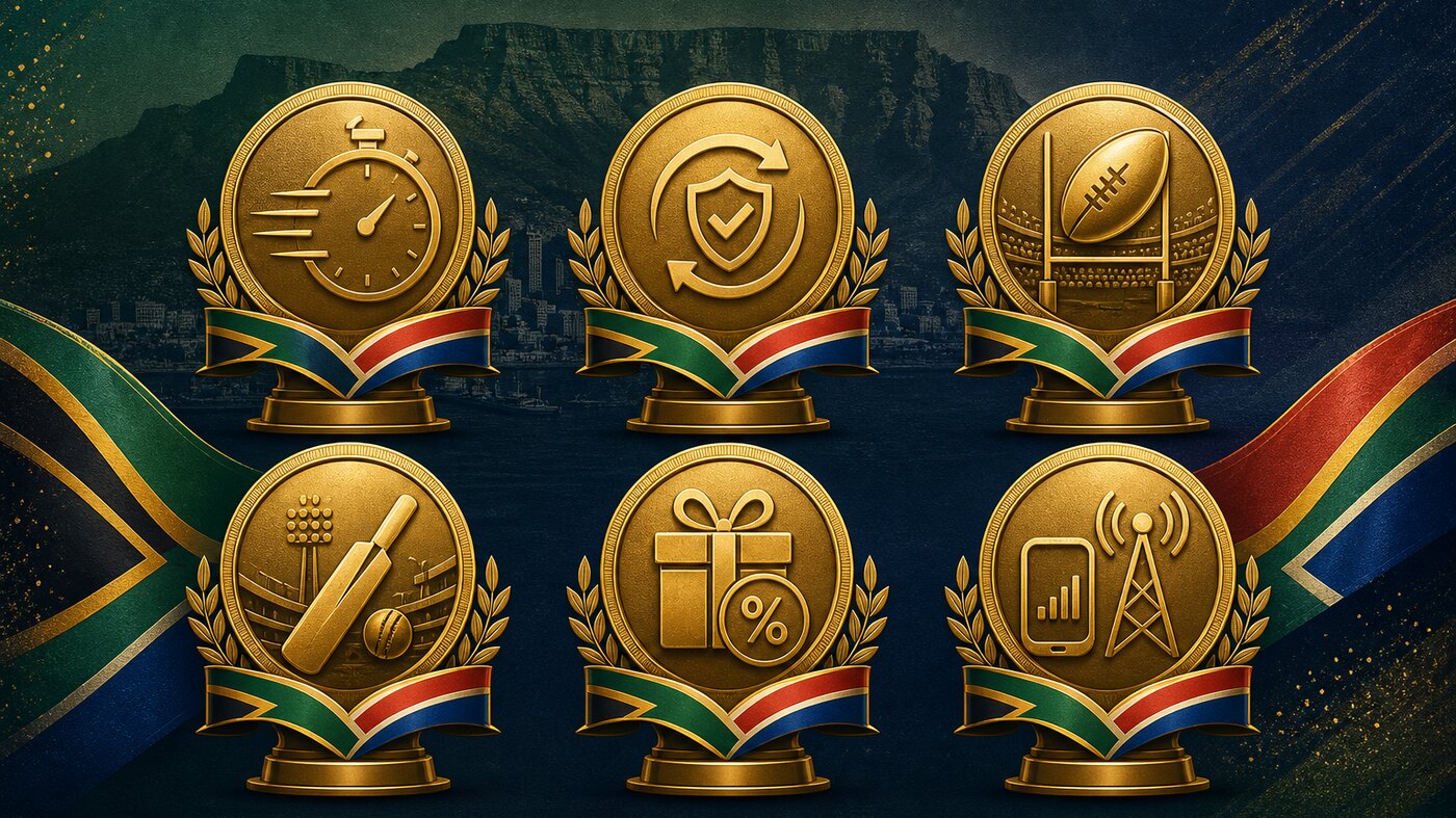 Best South African sportsbook awards 2026 — six gold medals on SA-flag ribbons for cashout reliability, 1Voucher speed, rugby market depth, SA20 props and data-free coverage