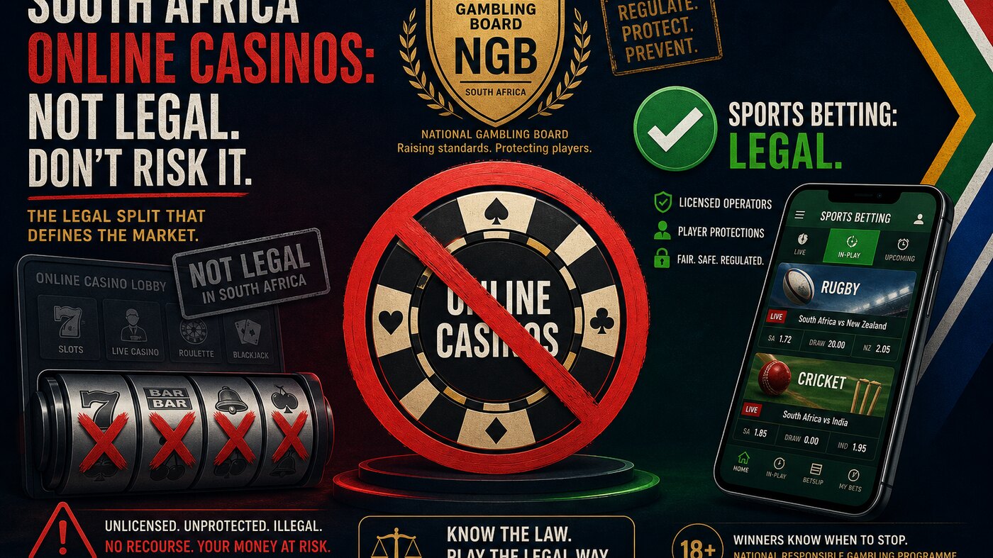 South Africa online casino legality split — NGB stamp with sports betting marked legal and a red prohibition mark over casino slots