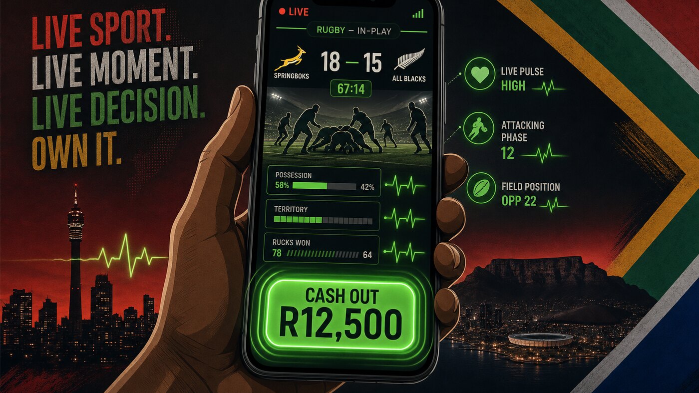 Live in-play betting moment — smartphone showing Springboks vs All Blacks 18-15 at 67:14 with a glowing green CASH OUT R12,500 button