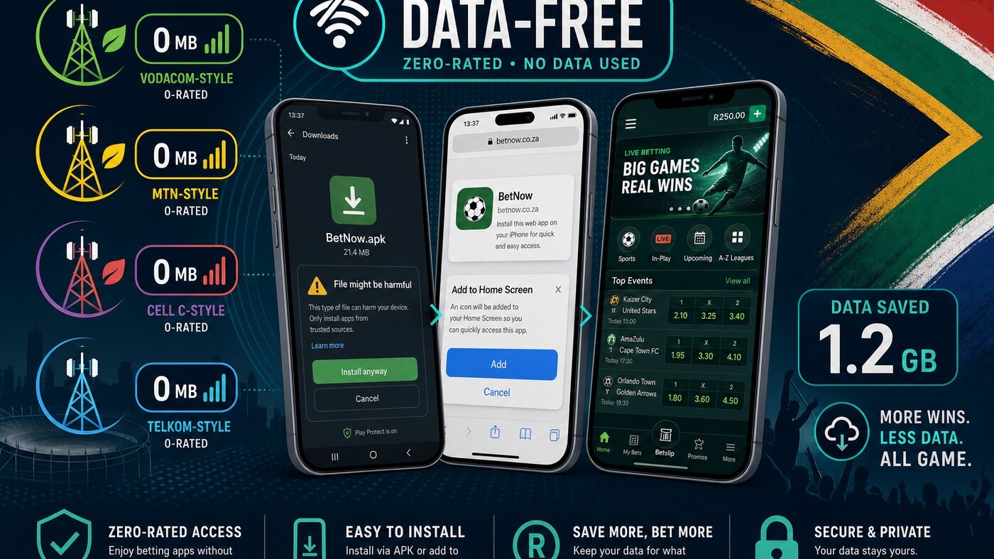 South African mobile betting — three smartphones showing Android APK install, iPhone home-screen shortcut and PWA, with data-free badges for Vodacom, MTN, Cell C and Telkom