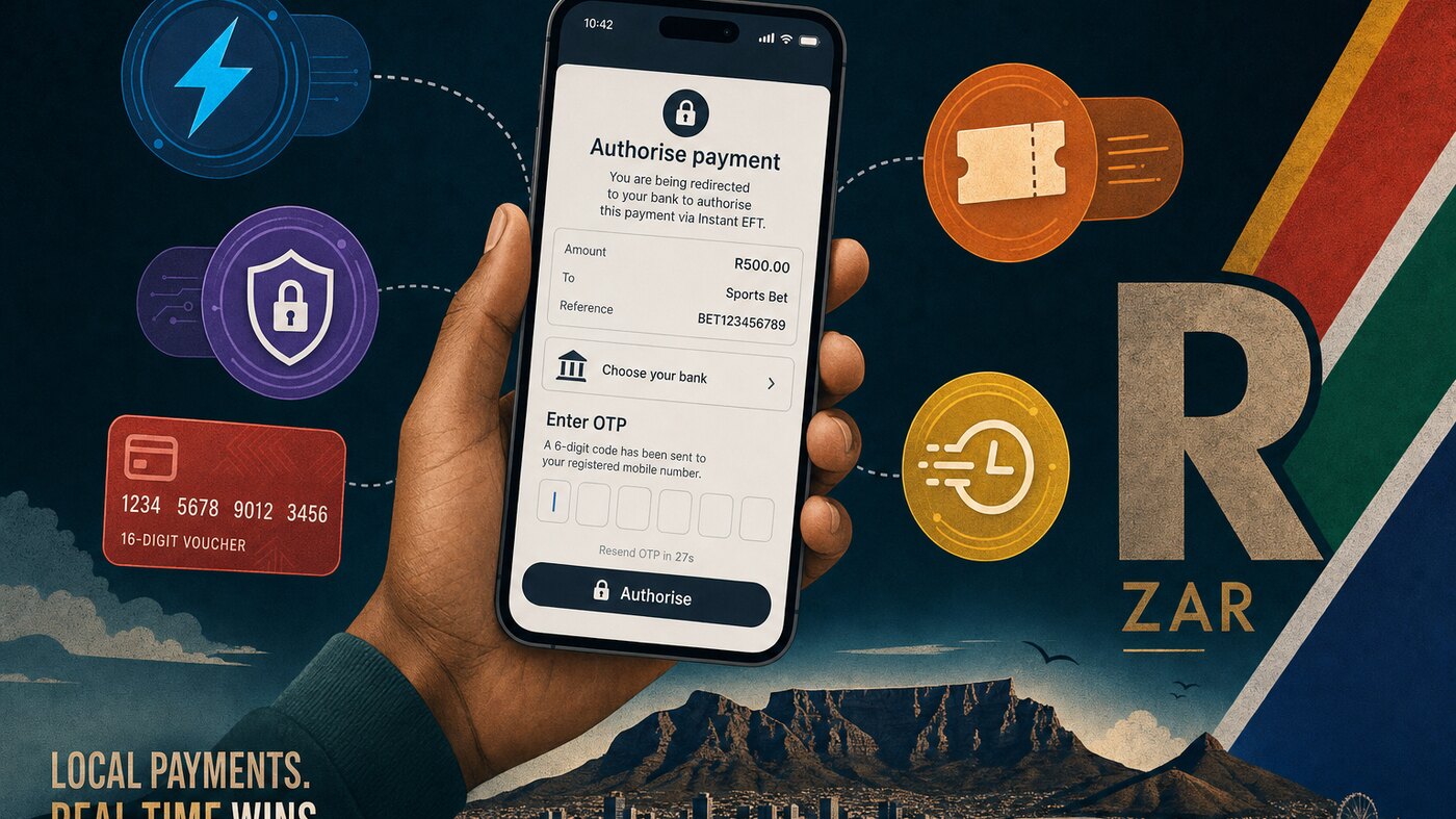 South African betting payments — smartphone showing instant EFT authorisation with Ozow, SiD, 1Voucher, OTT and PayShap chips around a ZAR currency symbol