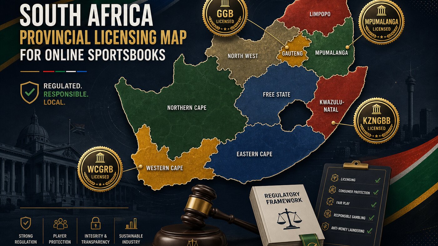South Africa provincial licensing map showing nine provinces with bookmaker licence stamps