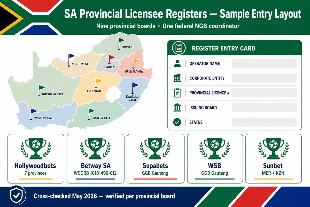 Editorial diagram showing South Africa's nine provincial gambling-board licensee register layout — Hollywoodbets, Betway, Supabets, World Sports Betting and Sunbet operator cards with provincial board accent flags and licence number columns, cross-checked May 2026