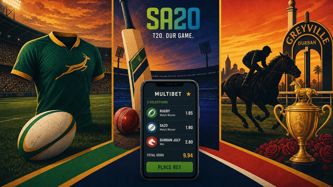 South African sports betting trinity — Springbok rugby jersey, SA20 cricket bat and Durban July racehorse silhouette merging into one multibet slip