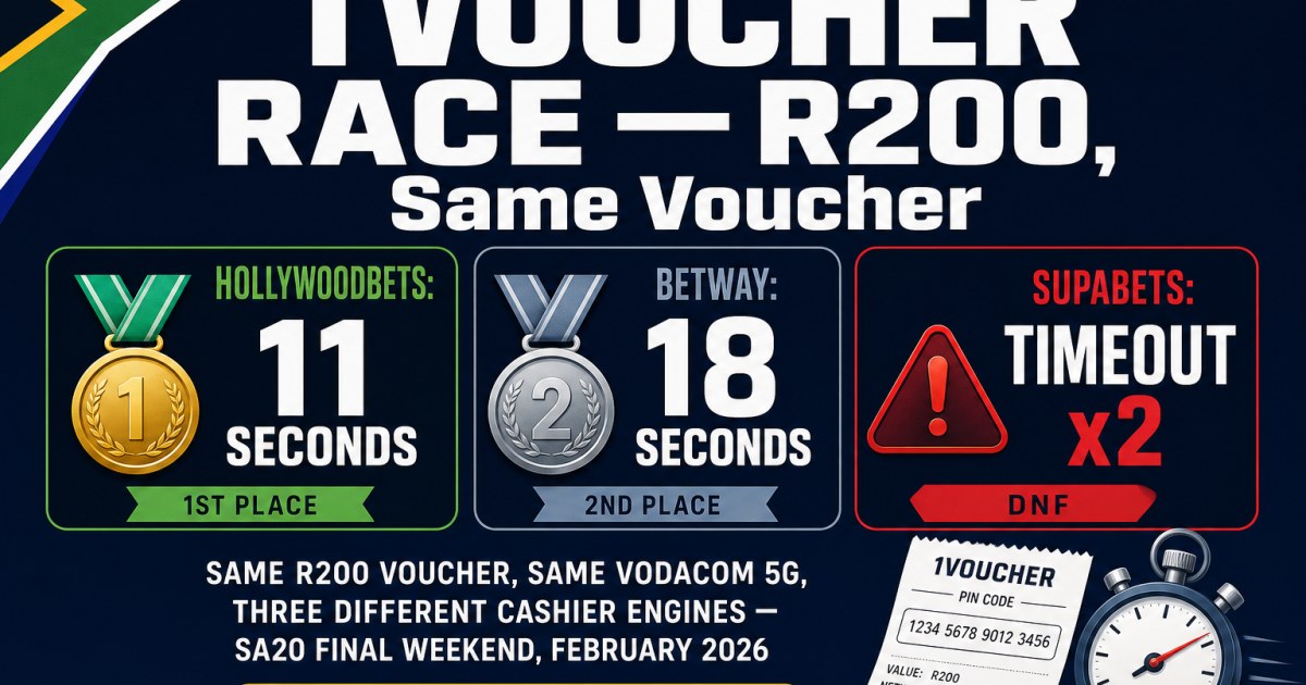 1Voucher Race: Hollywoodbets 11 seconds (1st place), Betway 18 seconds (2nd place), Supabets TIMEOUT x2 (DNF) on the same R200 voucher over Vodacom 5G during SA20 final weekend February 2026 — editorial stat card by AfricanBettingGuides