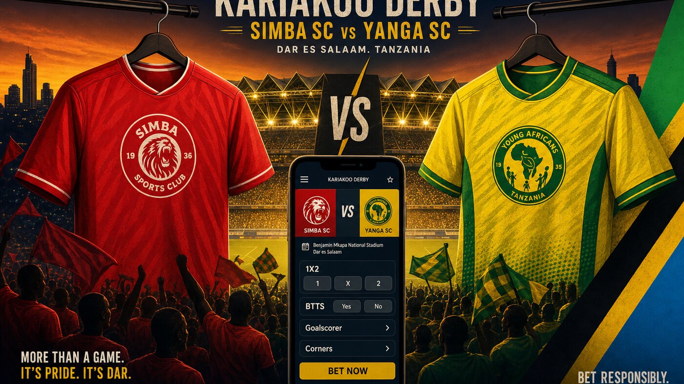 Kariakoo Derby betting scene — red Simba SC football jersey beside yellow-green Yanga SC jersey at Benjamin Mkapa National Stadium in Dar es Salaam with smartphone fixture card showing 1X2, BTTS, goalscorer markets