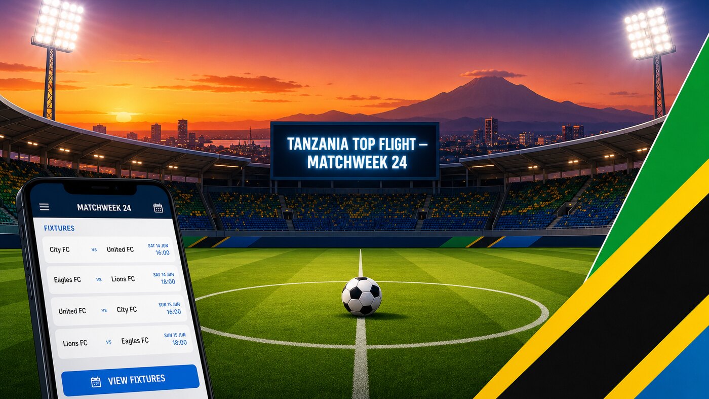 NBC Premier League Tanzania Ligi Kuu Bara scene — stadium in Dar es Salaam at sunset with smartphone fixture list showing matchweek 24 placeholder team names and view fixtures button