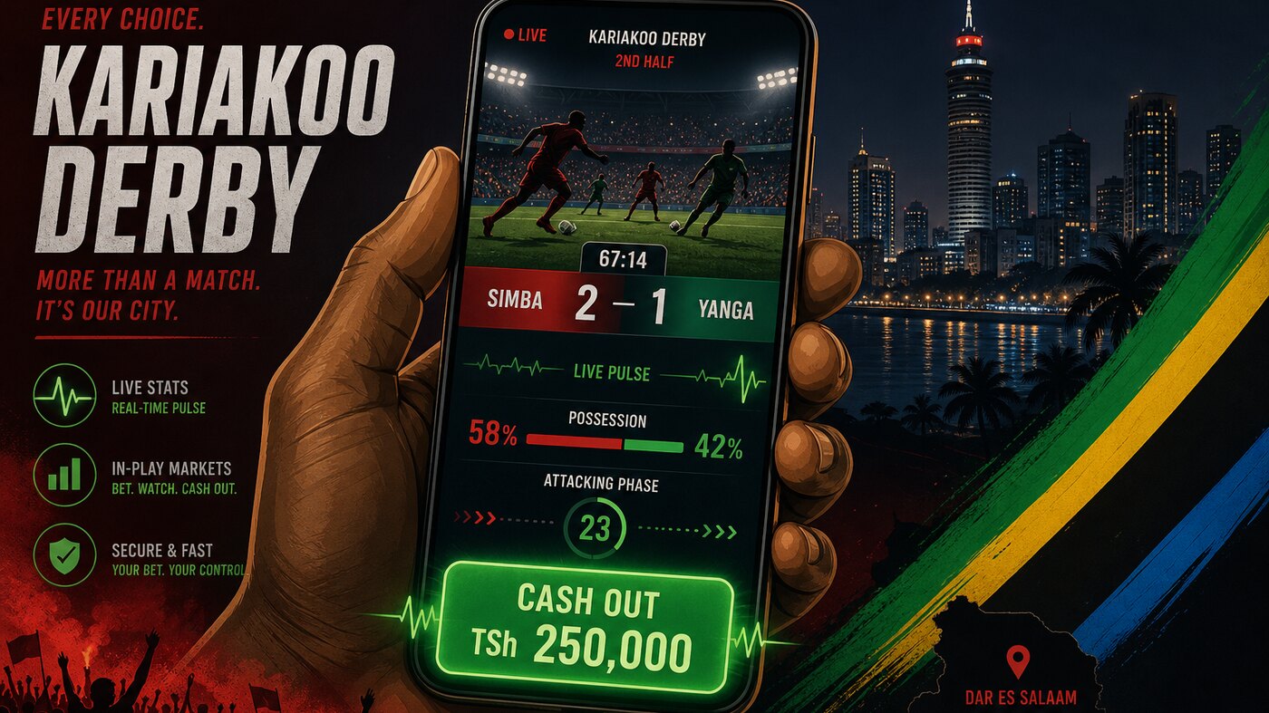 Live in-play betting moment on Tanzanian sportsbook — smartphone showing Kariakoo Derby Simba 2-1 Yanga at 67:14 with glowing green CASH OUT TSh 250,000 button and Dar es Salaam Posta Tower skyline