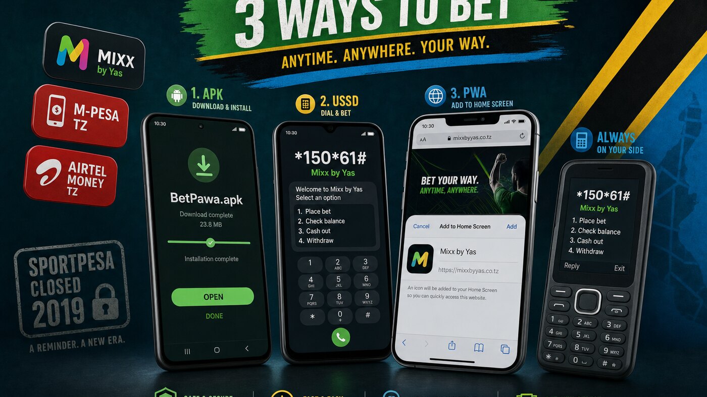 Tanzania mobile betting install paths — Android APK download screen, USSD dialler showing star150star61hash Mixx by Yas menu, PWA Add to Home Screen prompt, plus SportPesa Closed 2019 reminder badge and MoMo wallet chips