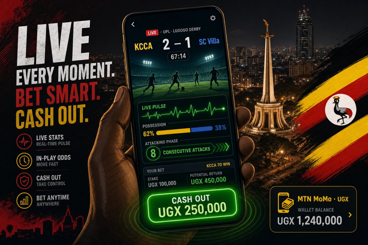 Live in-play betting moment on Ugandan sportsbook — smartphone showing UPL match at 67 minutes with glowing green CASH OUT UGX 250,000 button and Kampala Independence Monument skyline at night