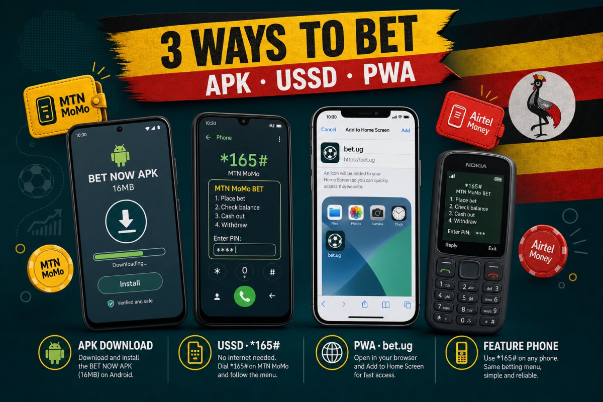 Uganda mobile betting install paths — Android APK download screen, USSD dialler showing MTN MoMo star165 hash menu, PWA Add to Home Screen prompt, and feature-phone Nokia handset for upcountry punters with Uganda flag accent
