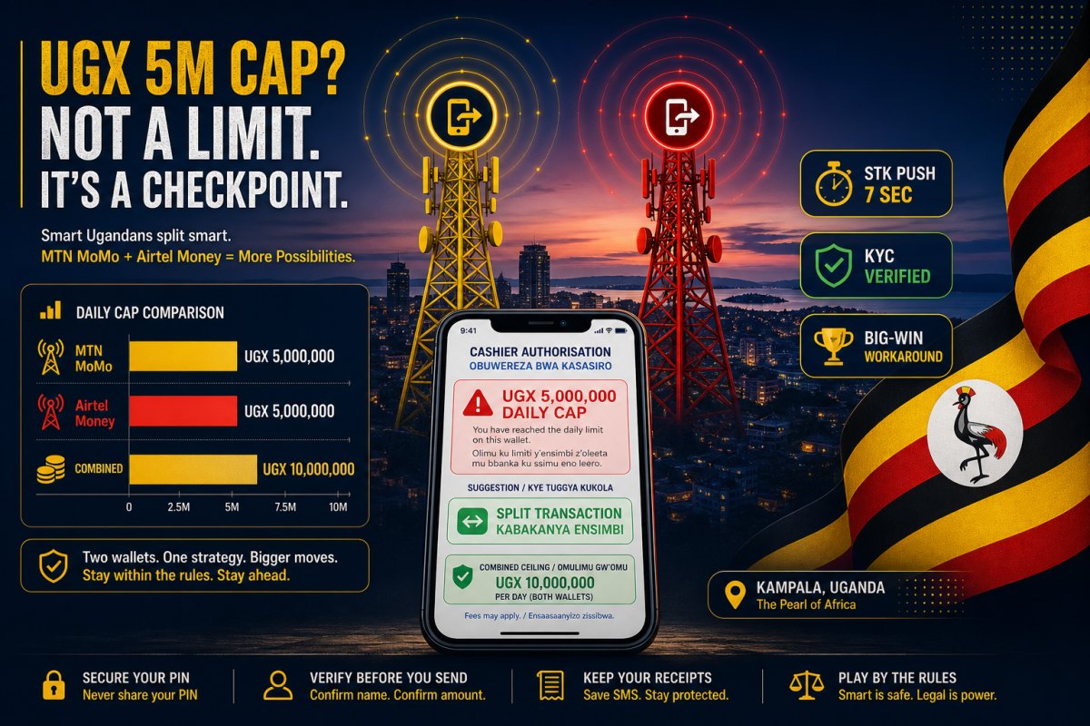 MTN MoMo Uganda and Airtel Money rails visualization with UGX 5 million daily cap ceiling and Airtel Money fallback path plus PesaLink bank-transfer alternative