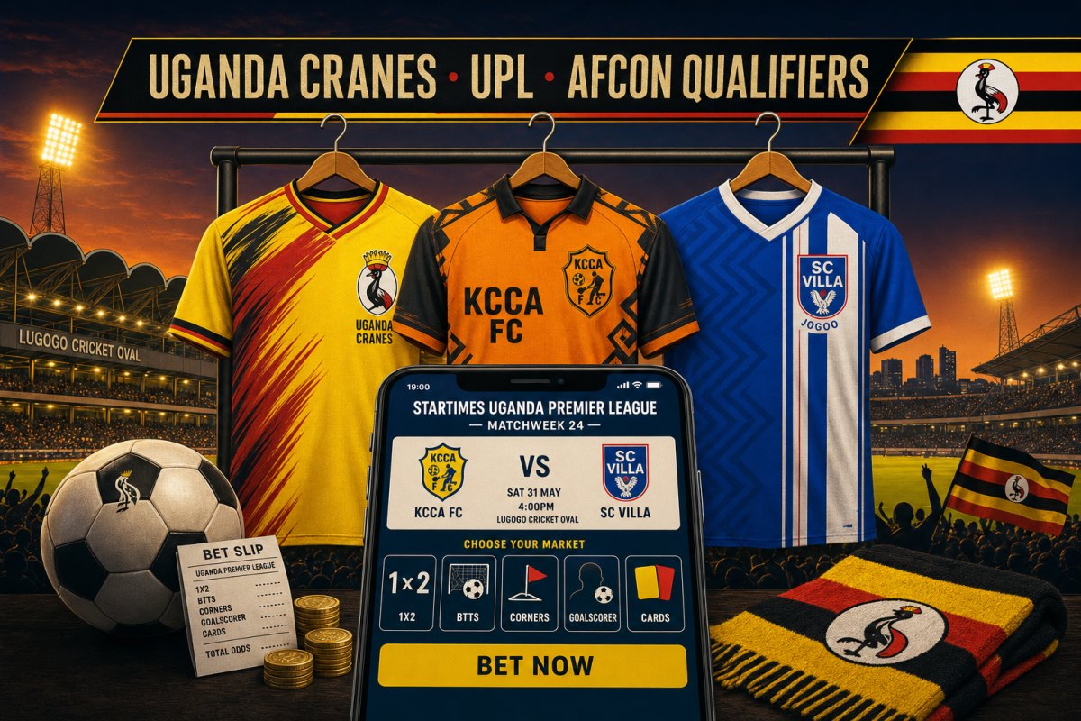 Uganda Premier League and Uganda Cranes football betting scene — stadium in Kampala at sunset with smartphone showing fixture list of UPL matchweek placeholder team names and Uganda Cranes jersey beside the phone