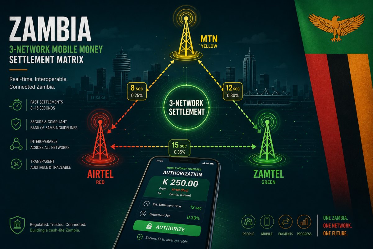 Zambia 3-network mobile money settlement triangle visualisation with MTN MoMo yellow Airtel Money red and Zamtel Kwacha green towers connected by cross-network fee arrows and a smartphone showing ZMW K 250 authorisation