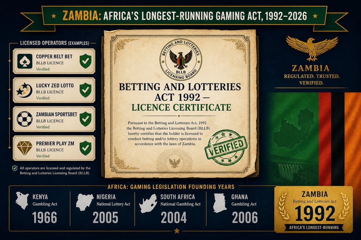 Zambia BLLB Betting and Lotteries Act 1992 licence certificate visualisation with verified stamp and comparison strip showing Kenya 1966 Nigeria 2005 South Africa 2004 Ghana 2006 founding years versus Zambia 1992