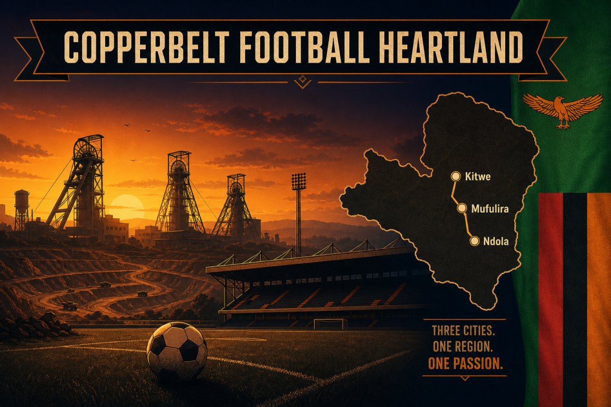 Copperbelt Province football heartland visualisation with Kitwe Mufulira Ndola mining headframes at sunset behind a stadium silhouette and a Zambia map overlay showing the three city dots connected by a route line